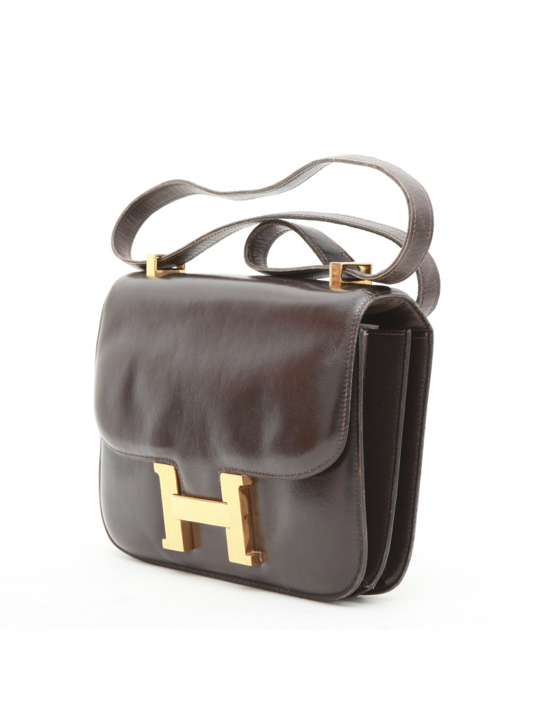 Sac Constance HERMES  double soufflets marron cuir box Vintage