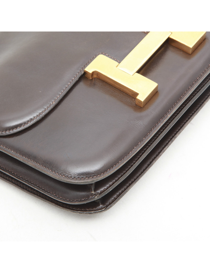 Sac Constance HERMES  double soufflets marron cuir box Vintage