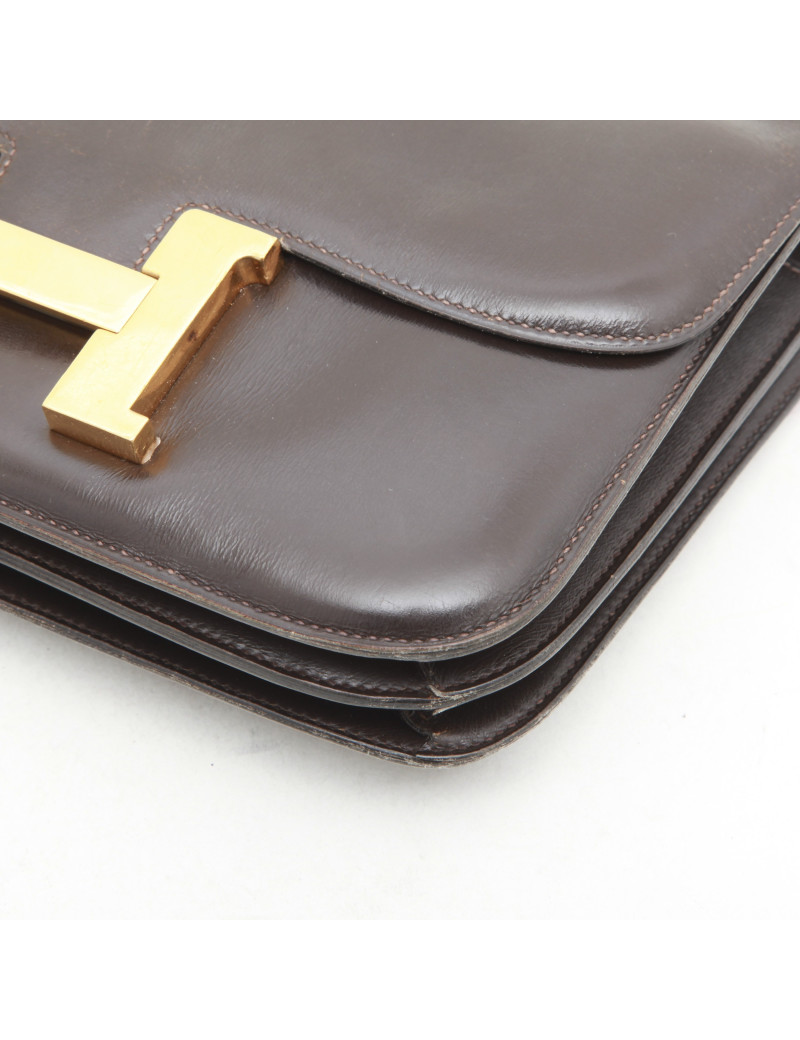 Sac Constance HERMES  double soufflets marron cuir box Vintage
