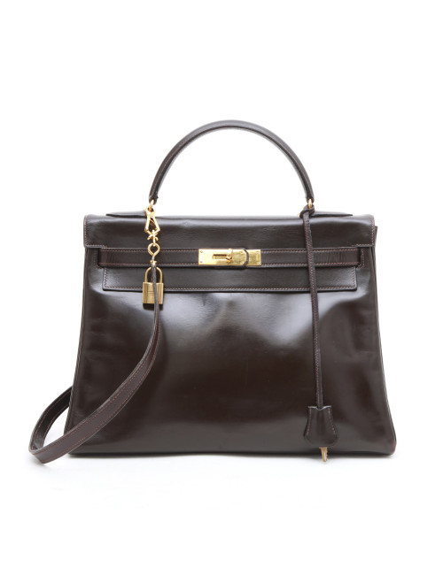 HERMES Kelly 32 in brown box leather with a strap