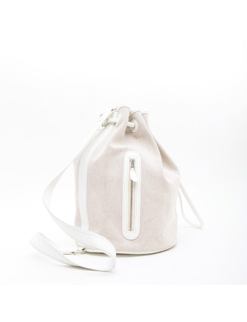 Sac Seau HERMES toile et cuir beige et blanc
