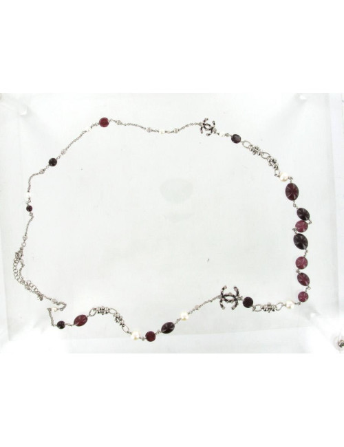 Sautoir CHANEL perles couleur cerise et cc strass