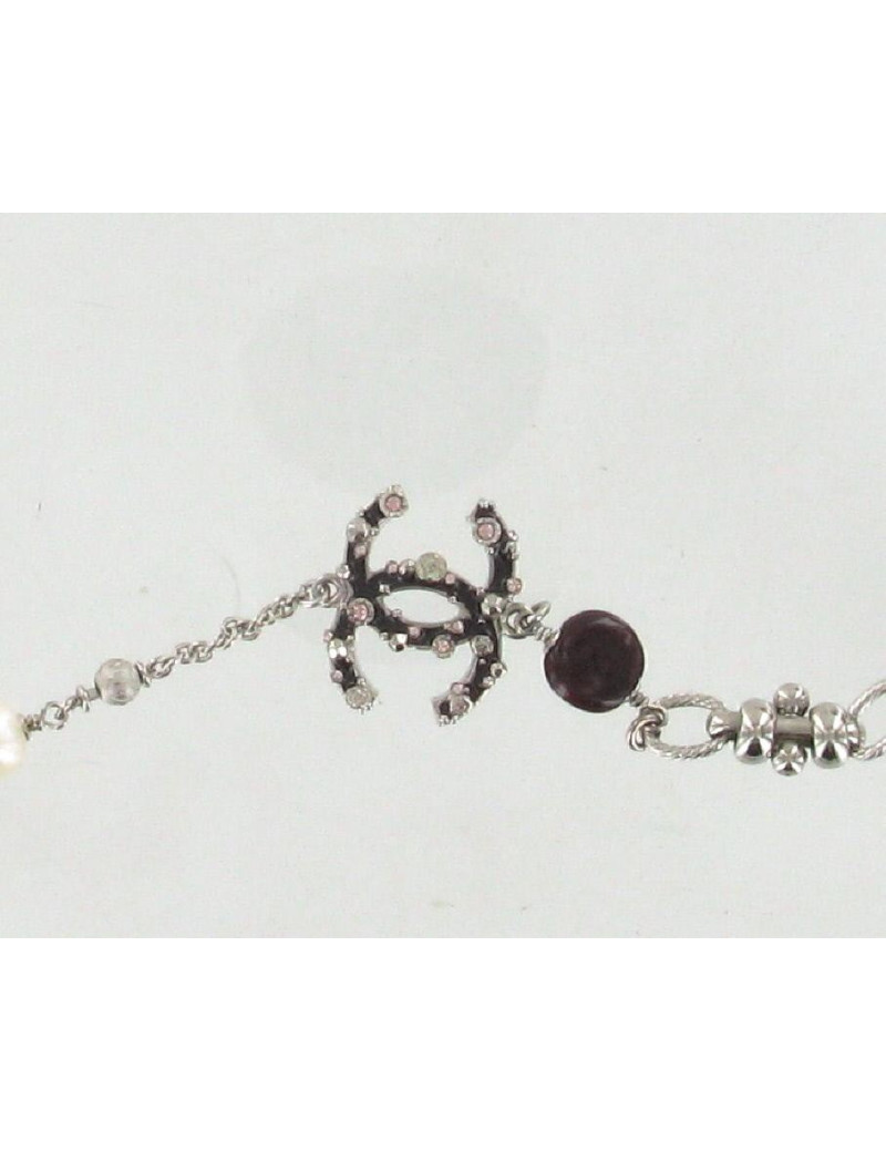 Sautoir CHANEL perles couleur cerise et cc strass
