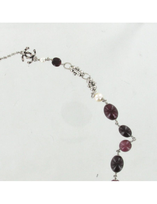Sautoir CHANEL perles couleur cerise et cc strass