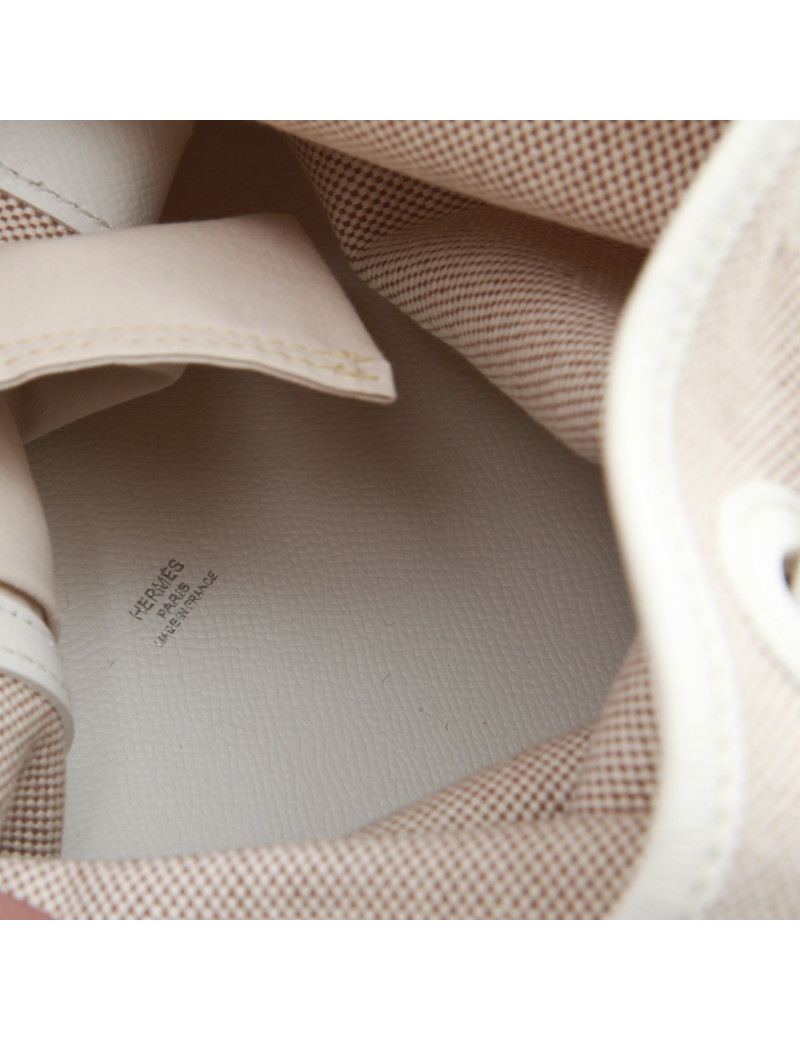 Sac Seau HERMES toile et cuir beige et blanc