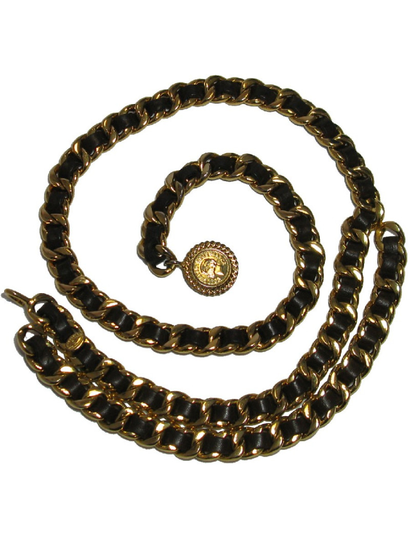 Ceinture CHANEL chaine et cuir marron Vintage