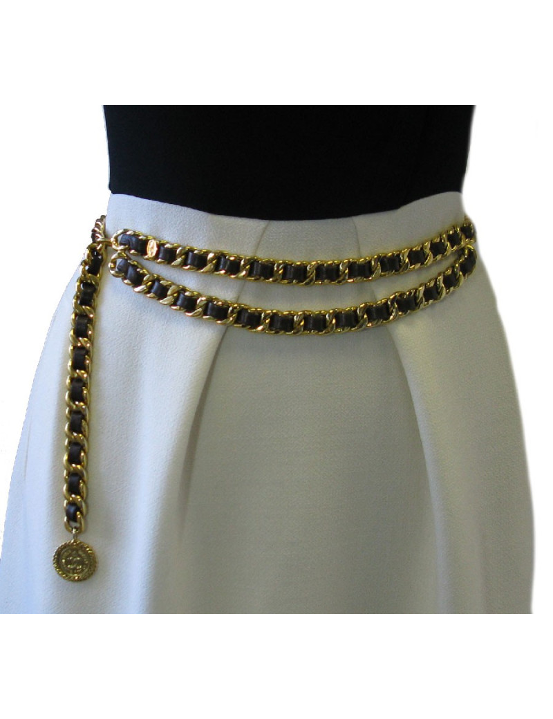 CHANEL vintage gold chain belt interlaced with brown leather.