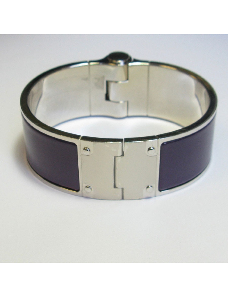 HERMES Large hinged cuff bracelet in palladium plated brass and purple enamel