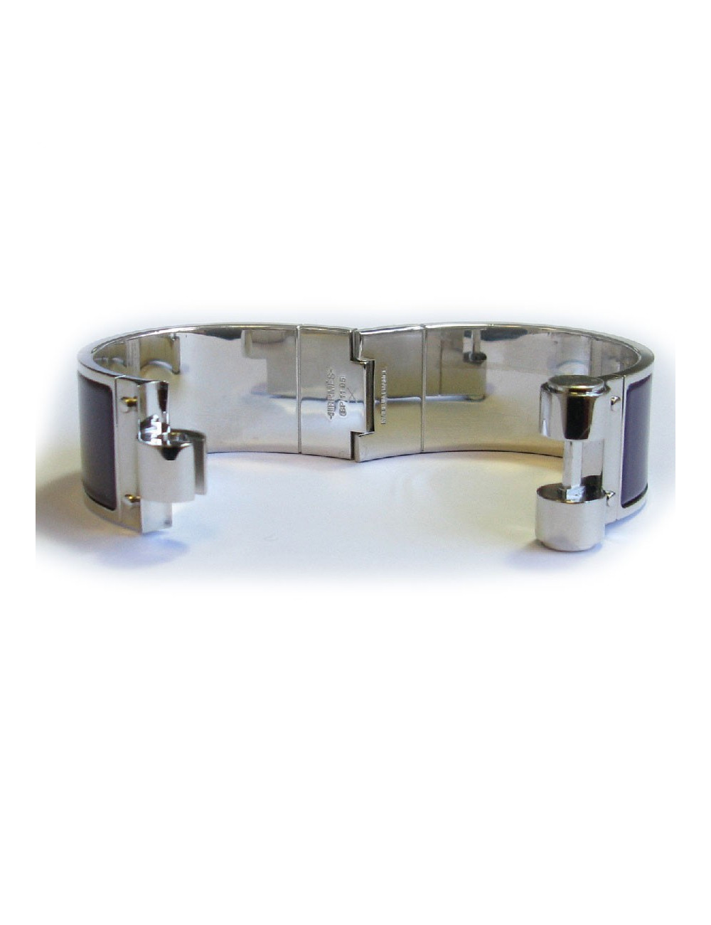 HERMES Large hinged cuff bracelet in palladium plated brass and purple enamel