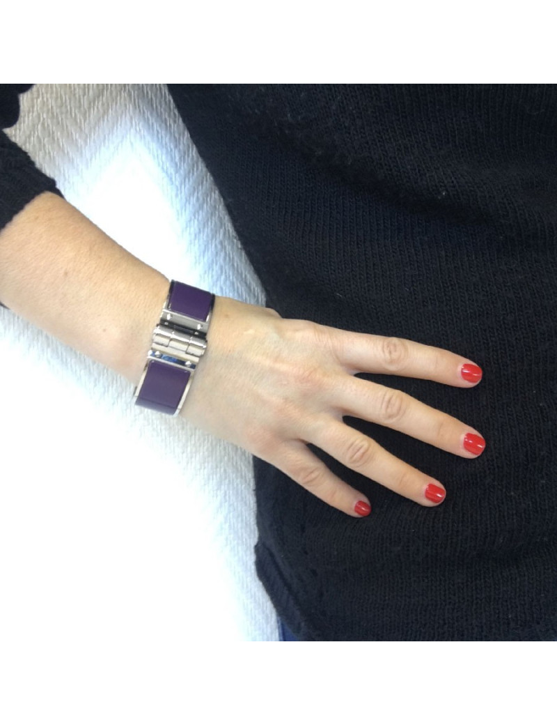 HERMES Large hinged cuff bracelet in palladium plated brass and purple enamel
