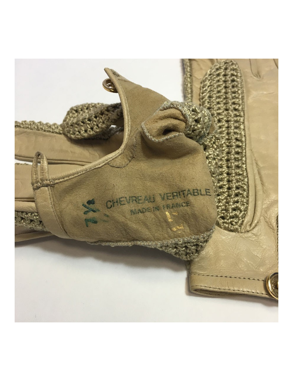 Gants CHANEL T7,5 en cuir et crochet beige