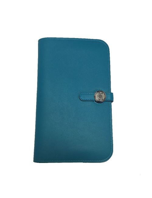 Portefeuille Dogon Duo HERMES grand modèle en veau swift turquoise
