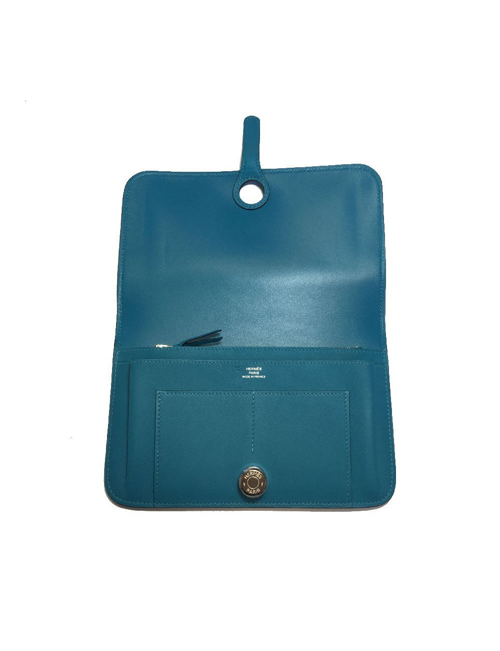 Portefeuille Dogon Duo HERMES grand modèle en veau swift turquoise