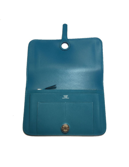Portefeuille Dogon Duo HERMES grand modèle en veau swift turquoise