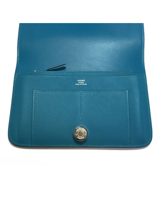 Portefeuille Dogon Duo HERMES grand modèle en veau swift turquoise