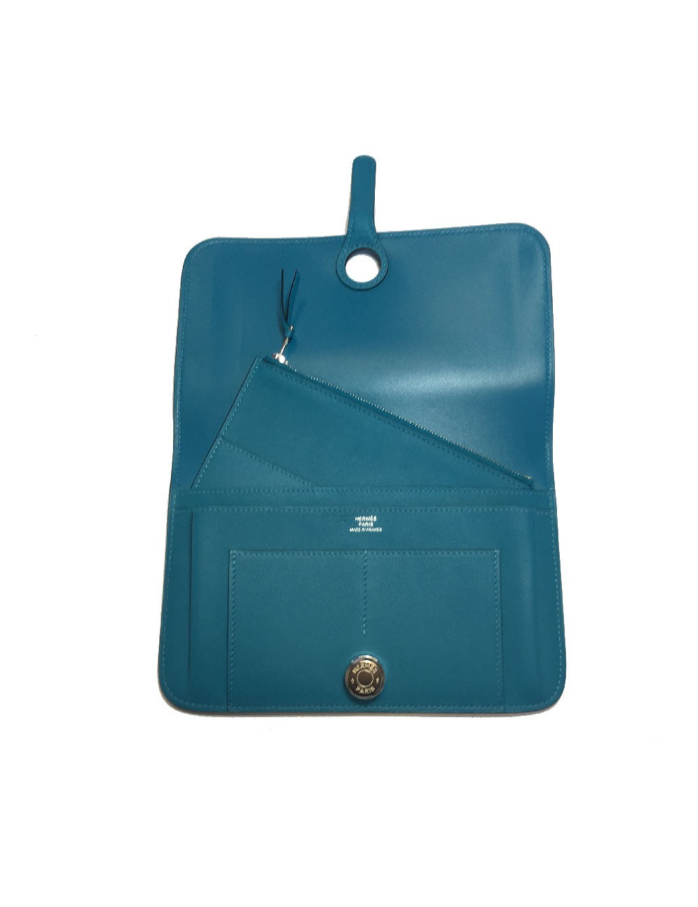 Portefeuille Dogon Duo HERMES grand modèle en veau swift turquoise