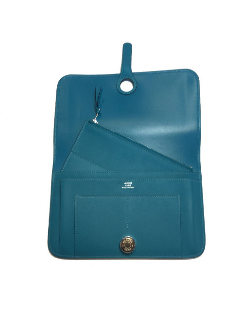 Portefeuille Dogon Duo HERMES grand modèle en veau swift turquoise