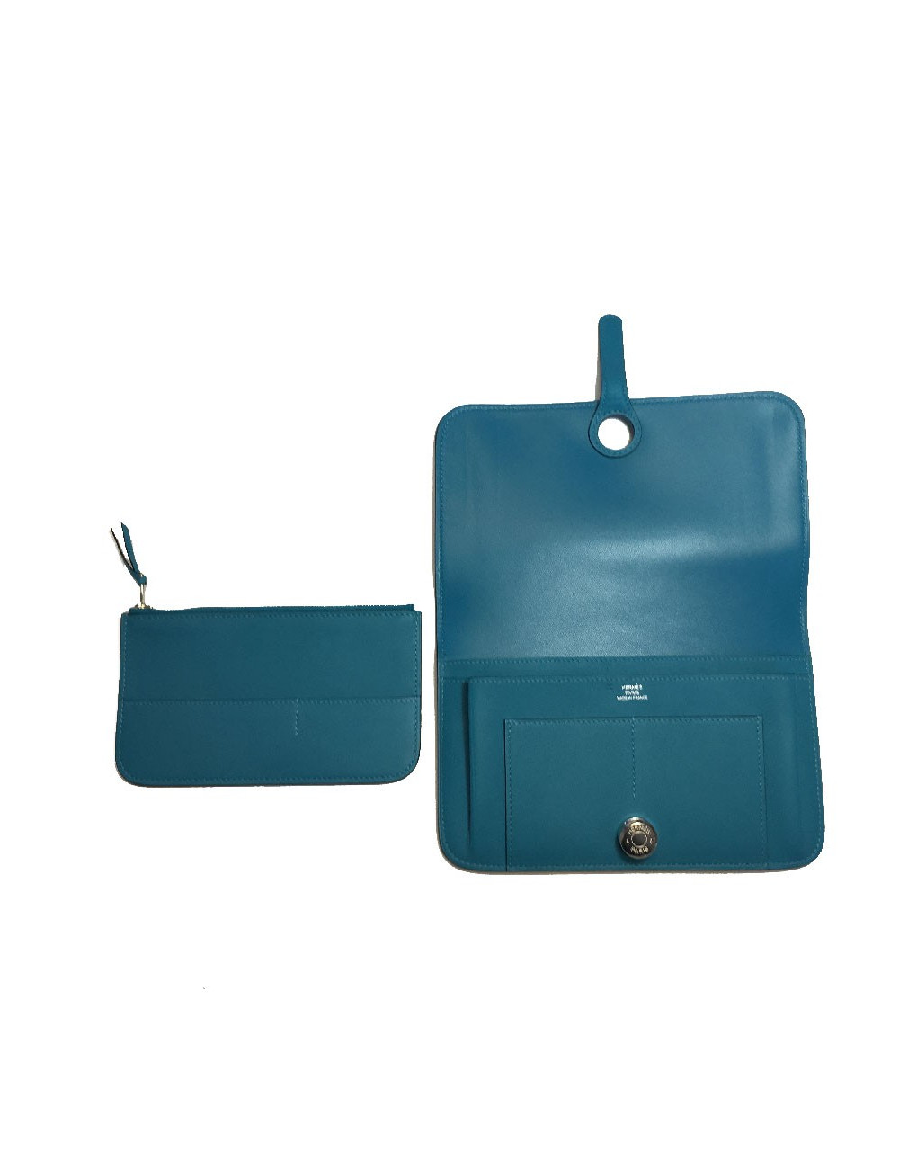 Portefeuille Dogon Duo HERMES grand modèle en veau swift turquoise