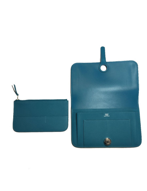 Portefeuille Dogon HERMES en veau swift turquoise