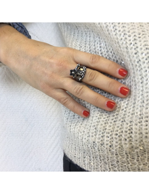 CHANEL CC ring 54FR in ruthenium, pearls, brilliants and black enamel