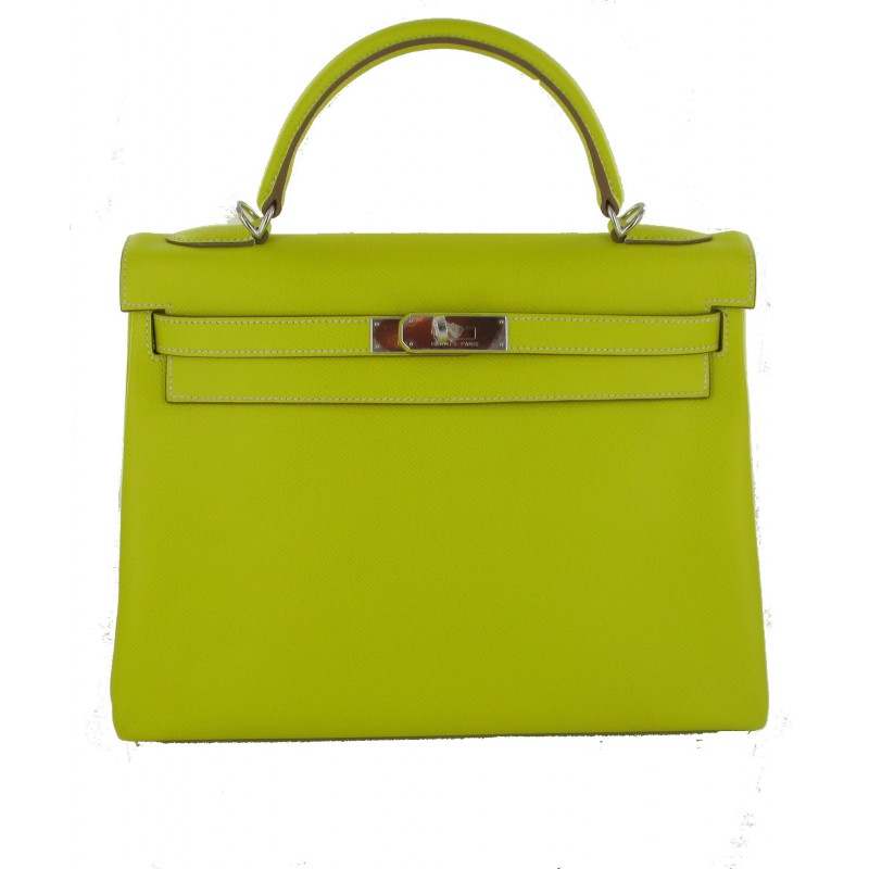 Kelly II 32 HERMES Candy lime and grey two-tone - VALOIS VINTAGE PARIS