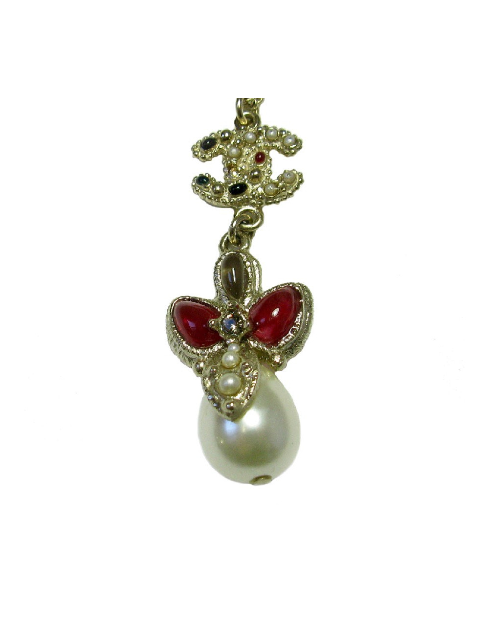 Collier CHANEL pendentif perle nacrée CC et pâte de verre