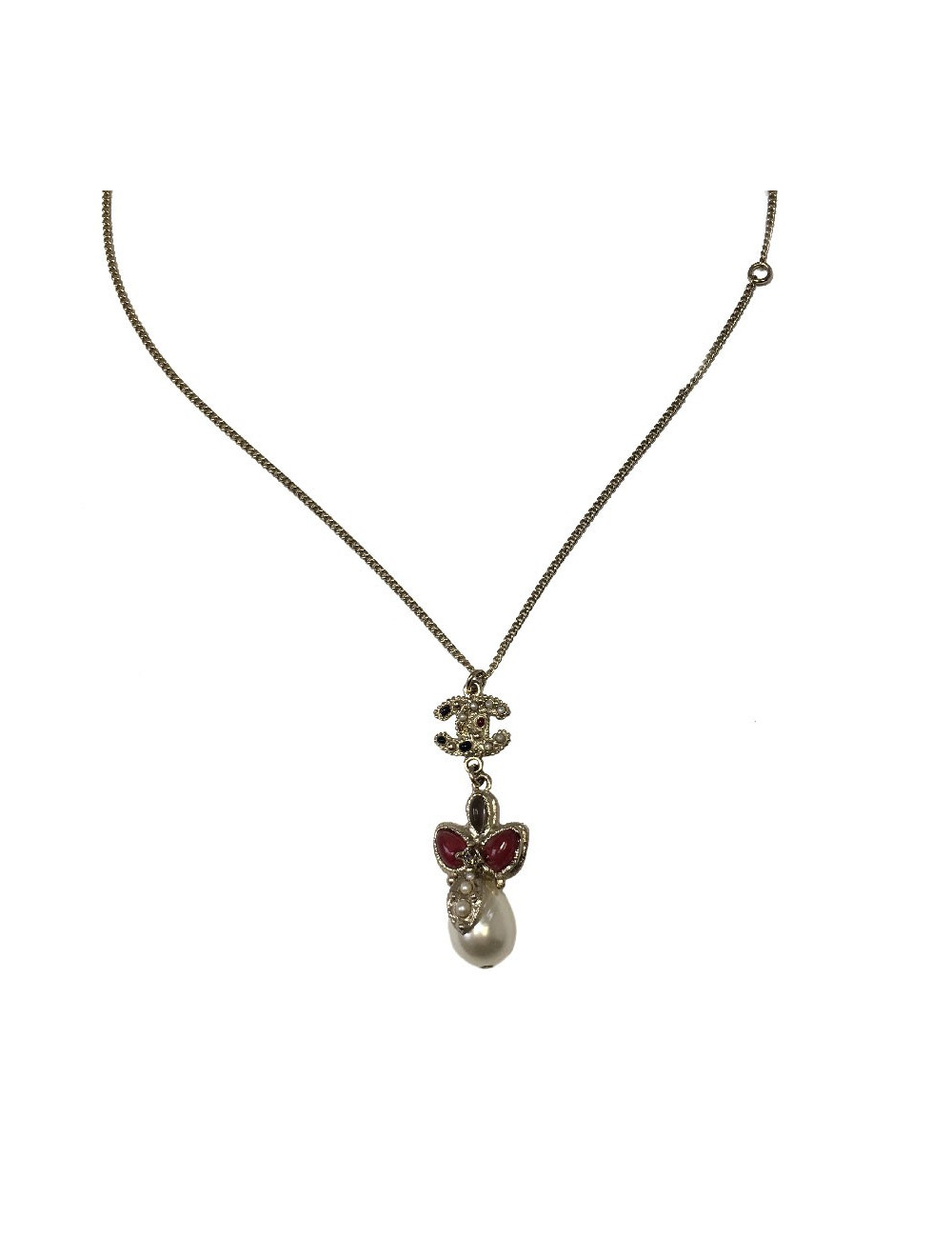 Collier CHANEL pendentif perle nacrée CC et pâte de verre