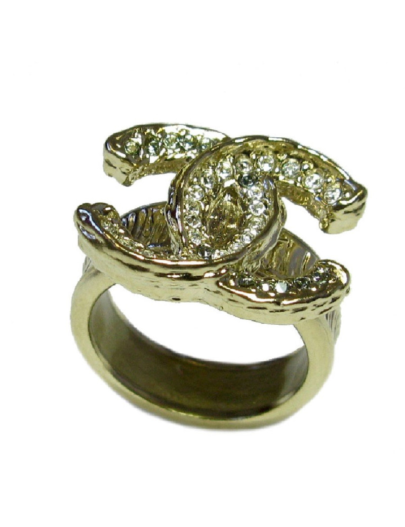 Bague CHANEL CC T54 en métal doré et strass