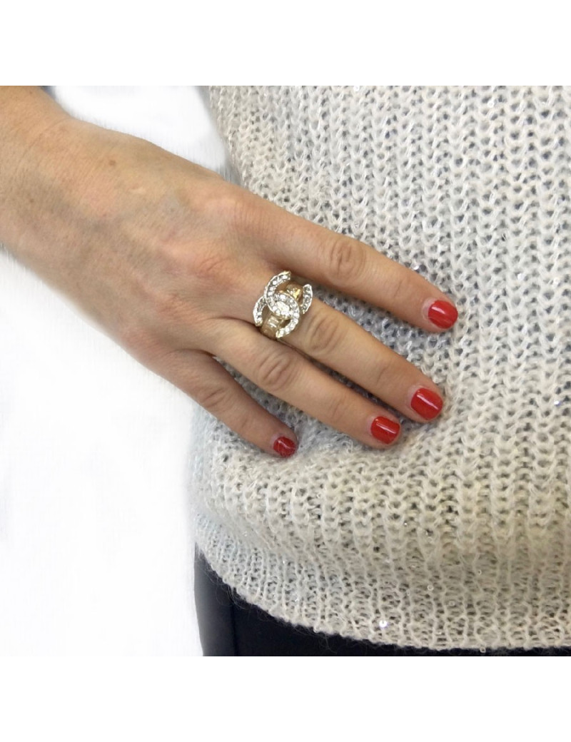 Bague CHANEL CC T54 en métal doré et strass