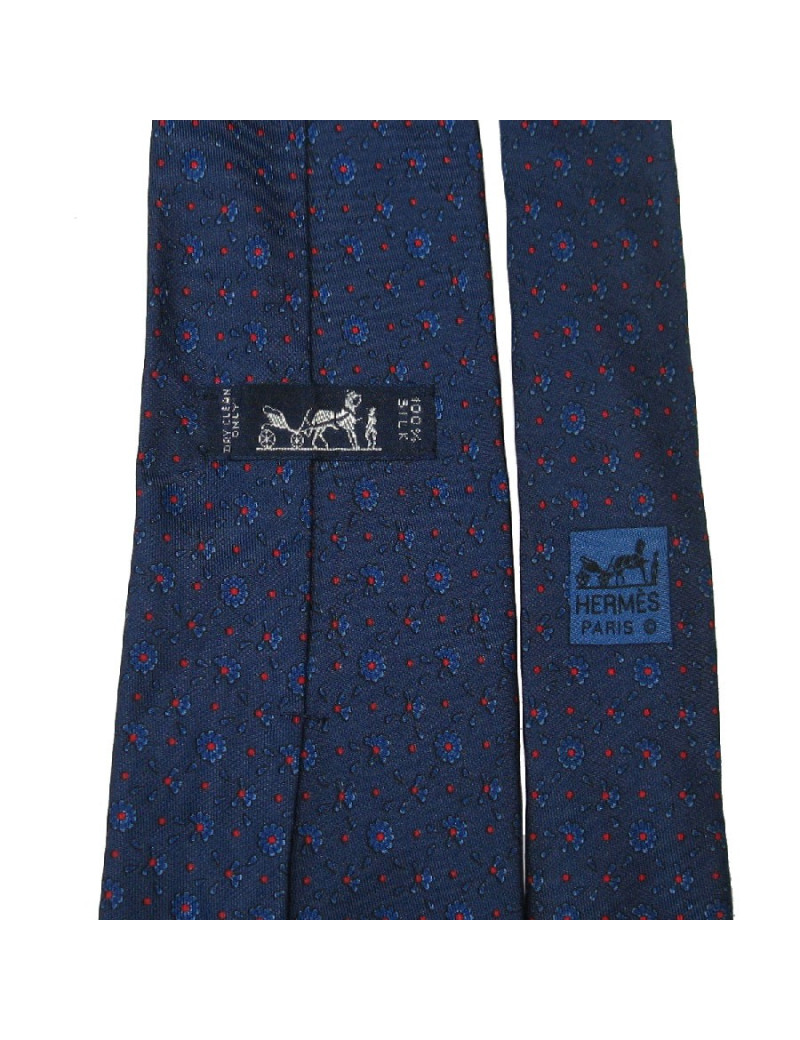 HERMES tie in dark blue printed silk