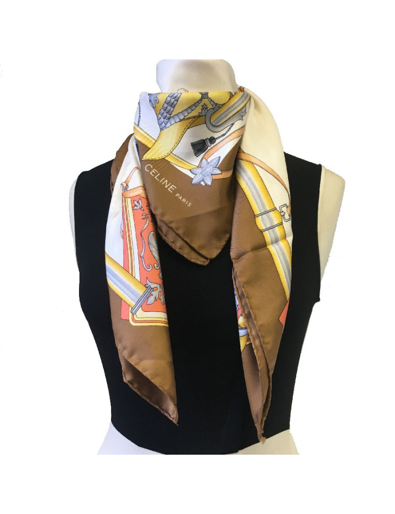 Carré CELINE soie marron et blanche