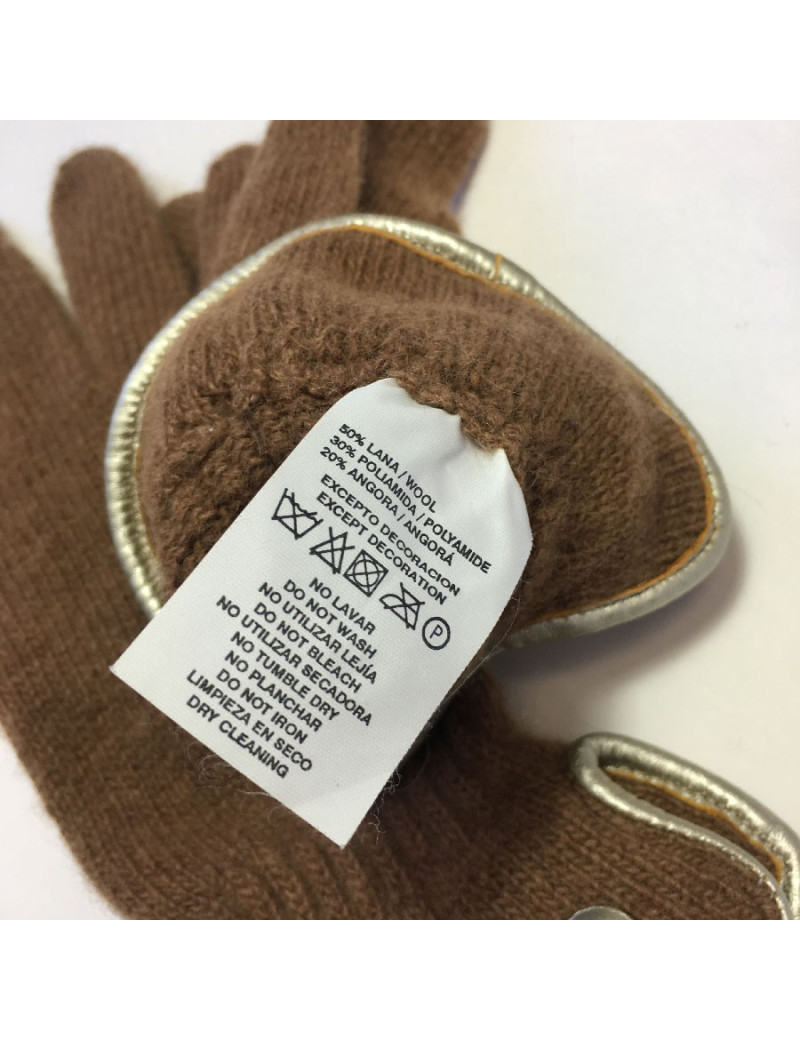 Gants MURIEL en laine marron clair et cuir doré taille unique