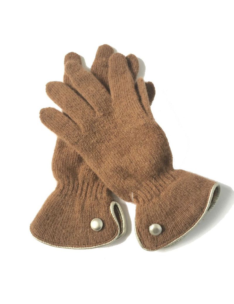 Gants MURIEL en laine marron clair et cuir doré taille unique