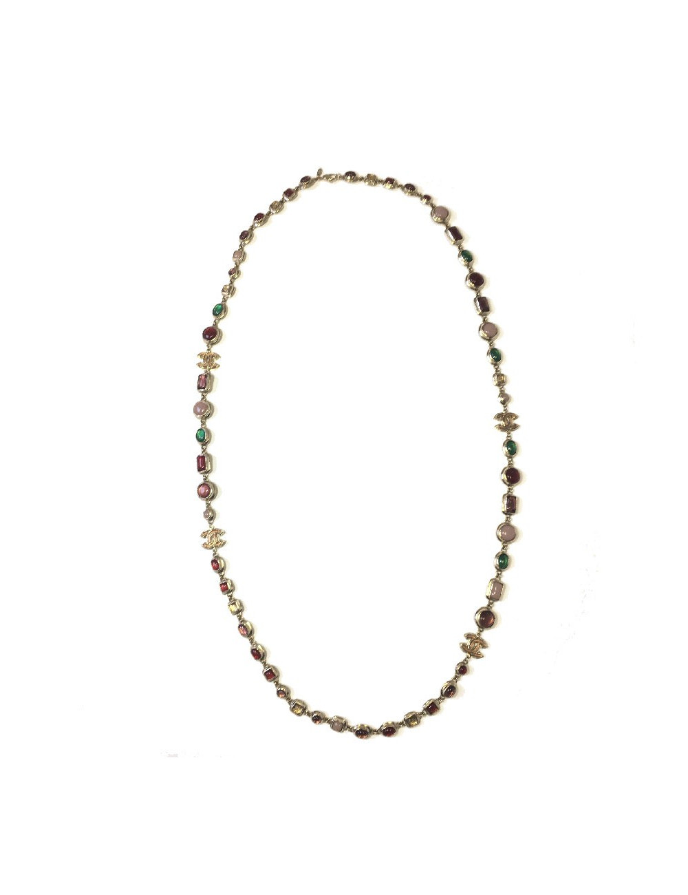 Sautoir CHANEL en métal doré et cabochons en résine multicolore