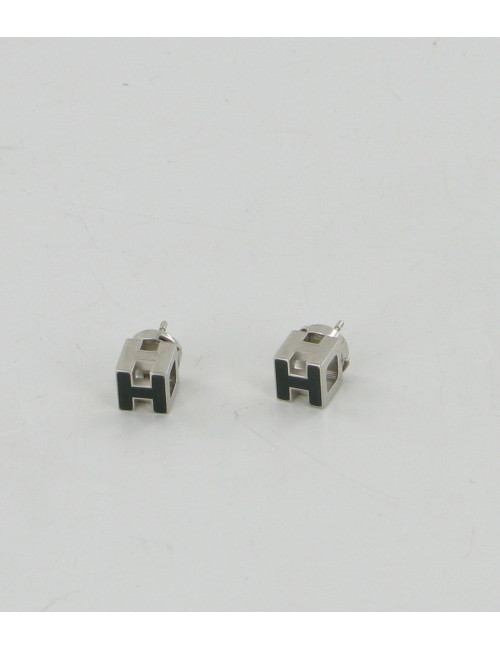 Boucles d'oreilles HERMES cage argent et email noir