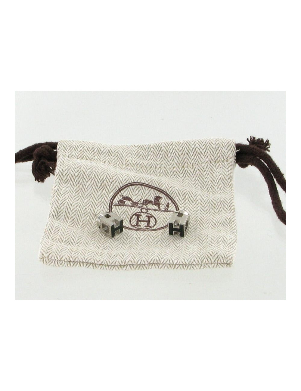 Boucles d'oreilles HERMES argent et email noir