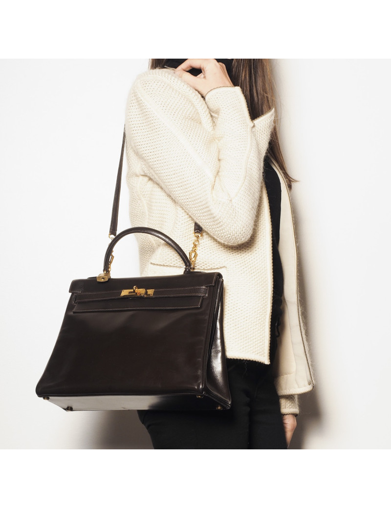 HERMES Kelly 32 in brown box leather with a strap