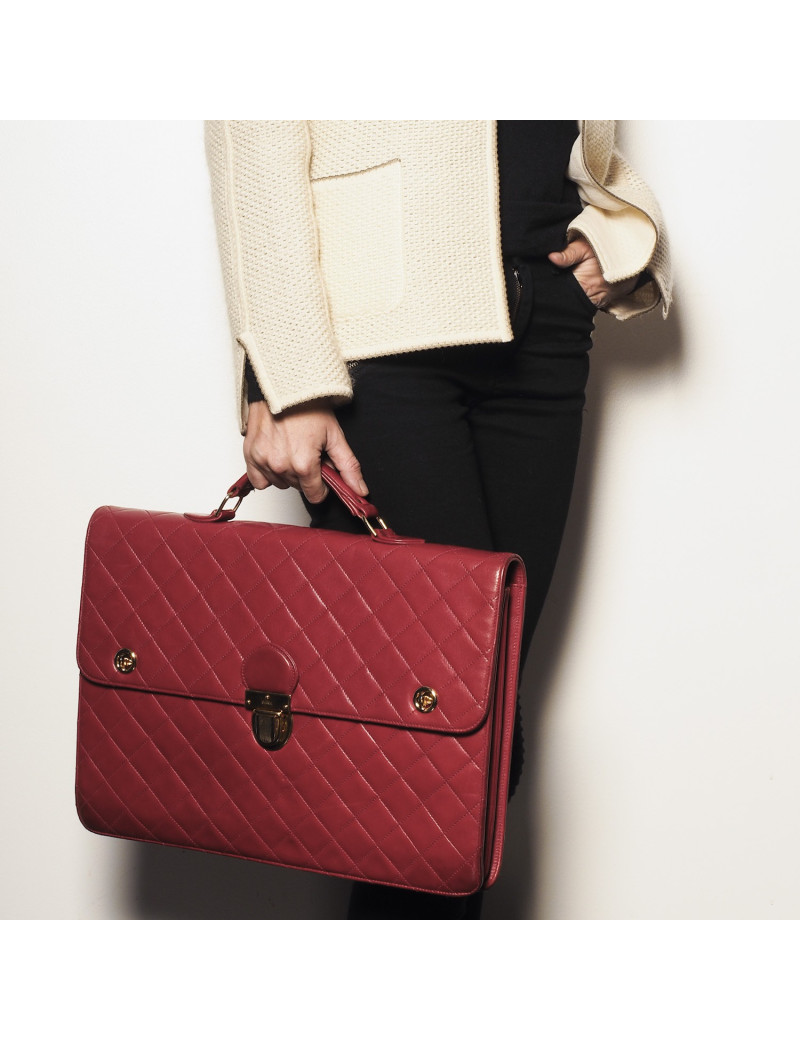 Cartable CHANEL cuir box rouge Vintage