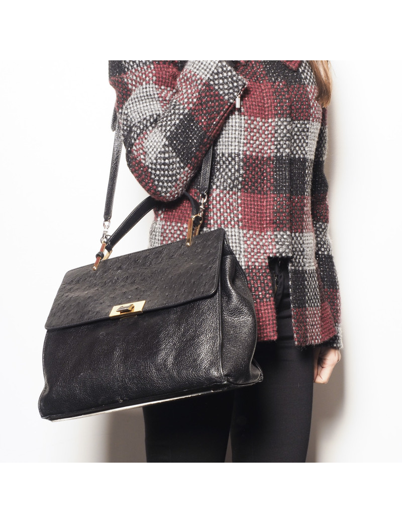 BALENCIAGA 'Le Dix' bag in shiny black grained leather and ostrich
