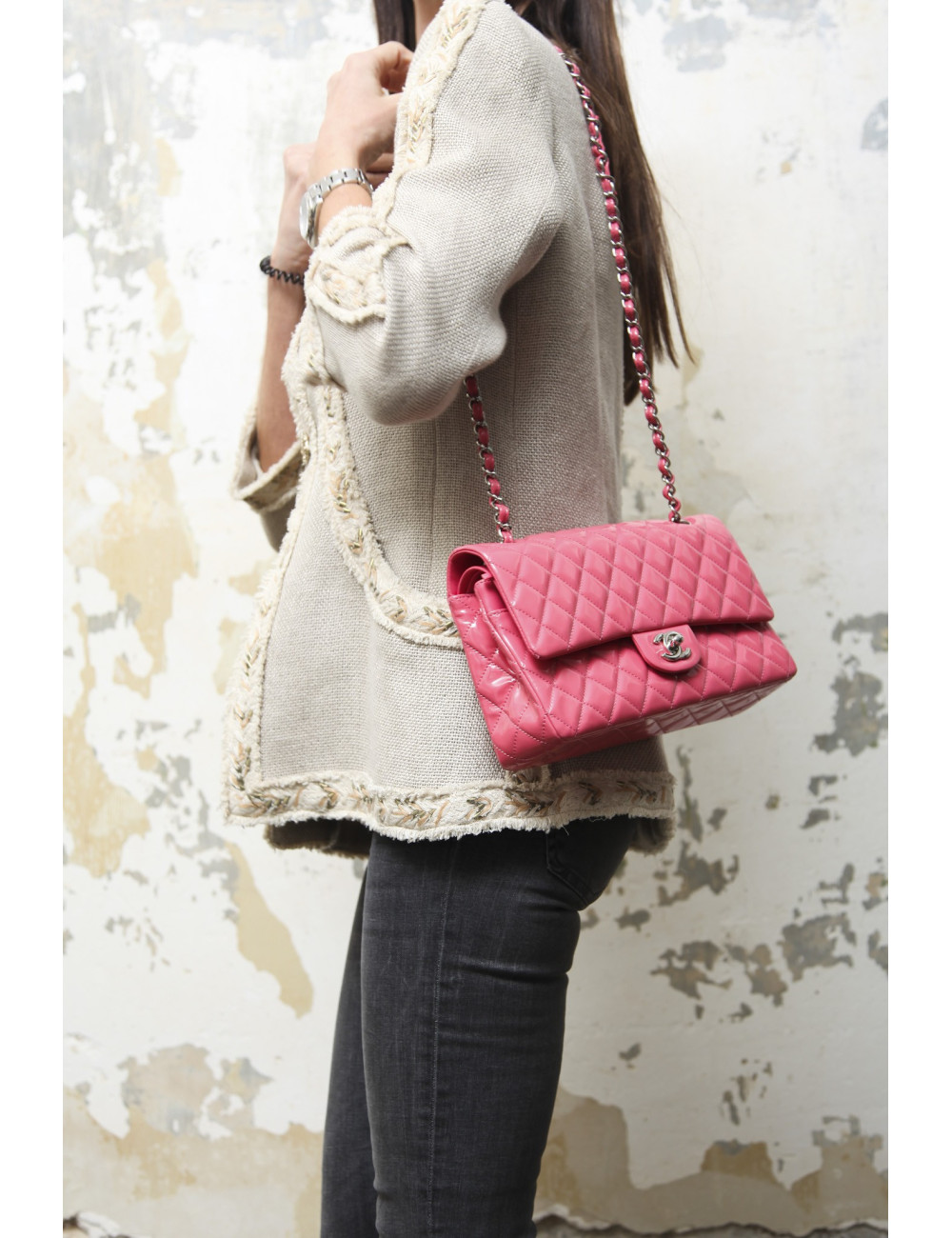 Sac Timeless CHANEL cuir verni rose