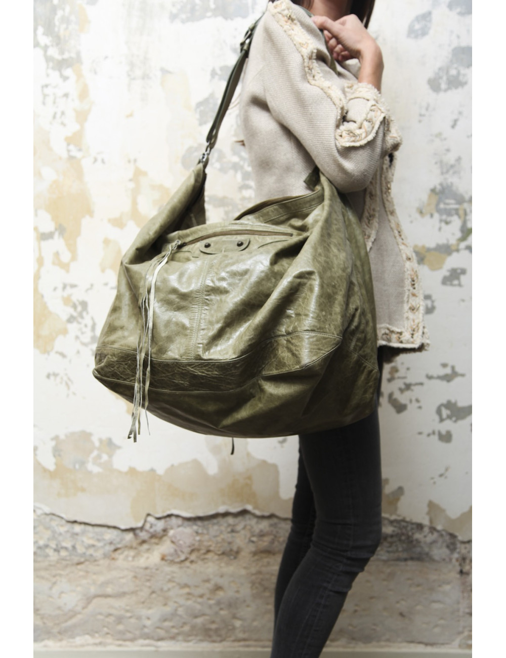 BALENCIAGA Weekender bag in green aged leather