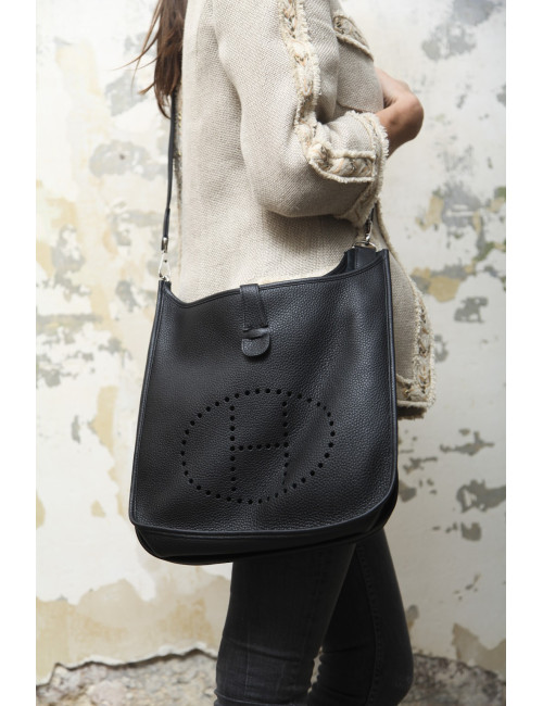 Sac Evelyne HERMES cuir taurillon clémence noir