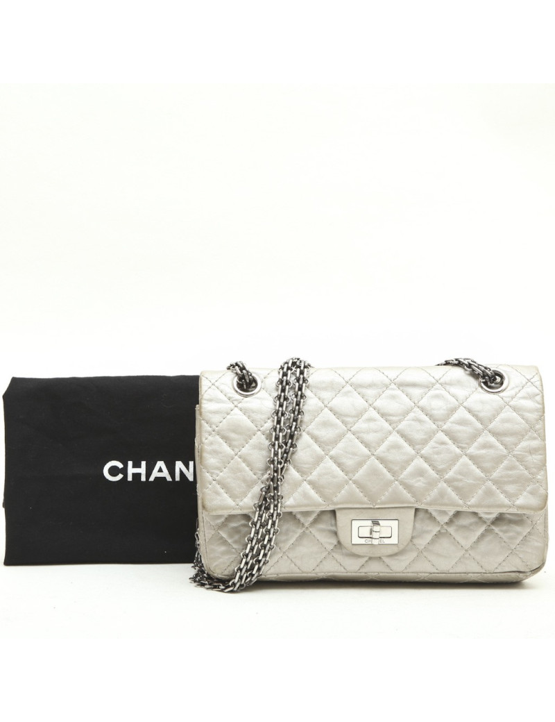 CHANEL Timeless double flap bag in aged silver leather