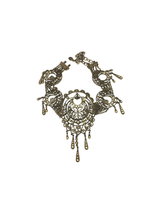 Collier CHRISTIAN DIOR vintage en métal filigrané cuivré, strass jaunes