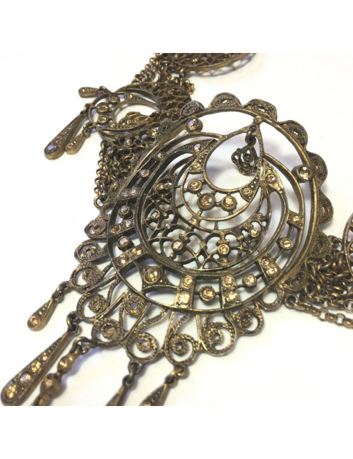 CHRISTIAN DIOR vintage crew necklace in copper filigree metal and rhinestones