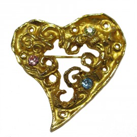 CHRISTIAN LACROIX heart brooch in gilt metal and rhinestones