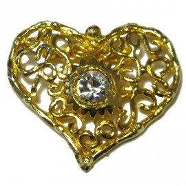 Broche CHRISTIAN LACROIX vintage coeur en métal doré serti d'un grand strass blanc au centre
