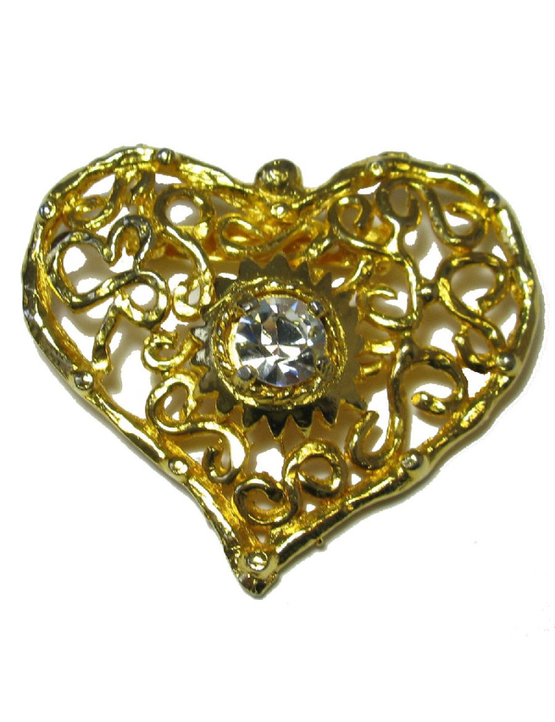 CHRISTIAN LACROIX heart brooch in gilded metal and white rhinestone
