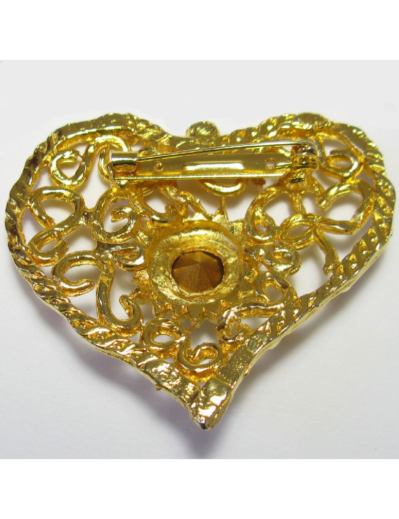 CHRISTIAN LACROIX heart brooch in gilded metal and white rhinestone