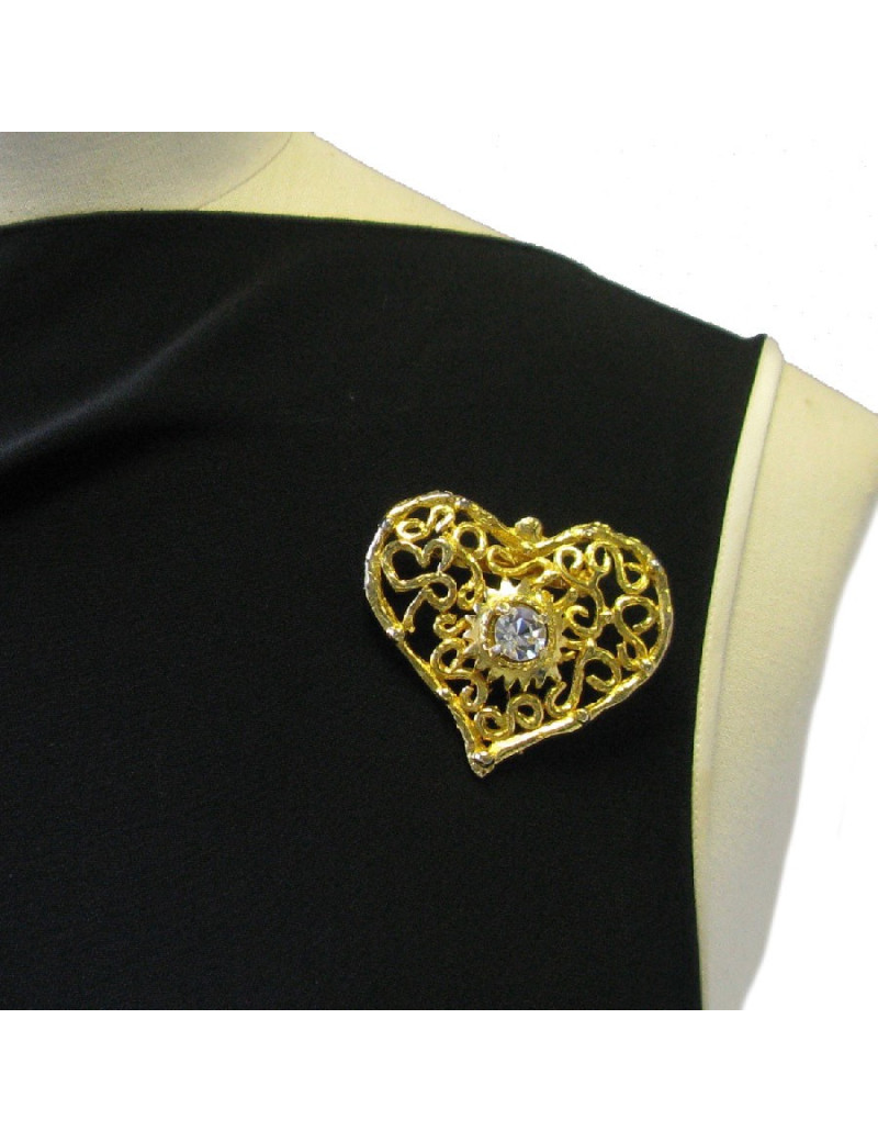 CHRISTIAN LACROIX heart brooch in gilded metal and white rhinestone